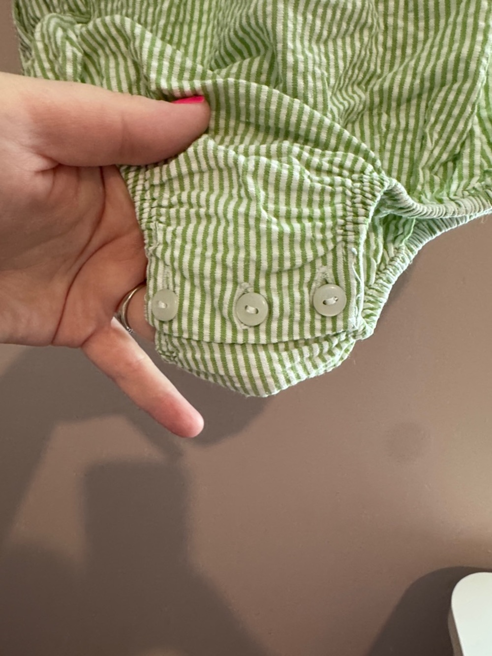 Silly Goose Green Striped Smocked Baby Romper with Peter Pan Collar - Picture 3 of 7